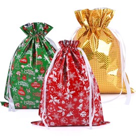 43 * 58cm Large Size Xmas Drawstring Present Wrapping Bag, 3pcs Christmas Gift Wrapping Bag with String for Christmas Party