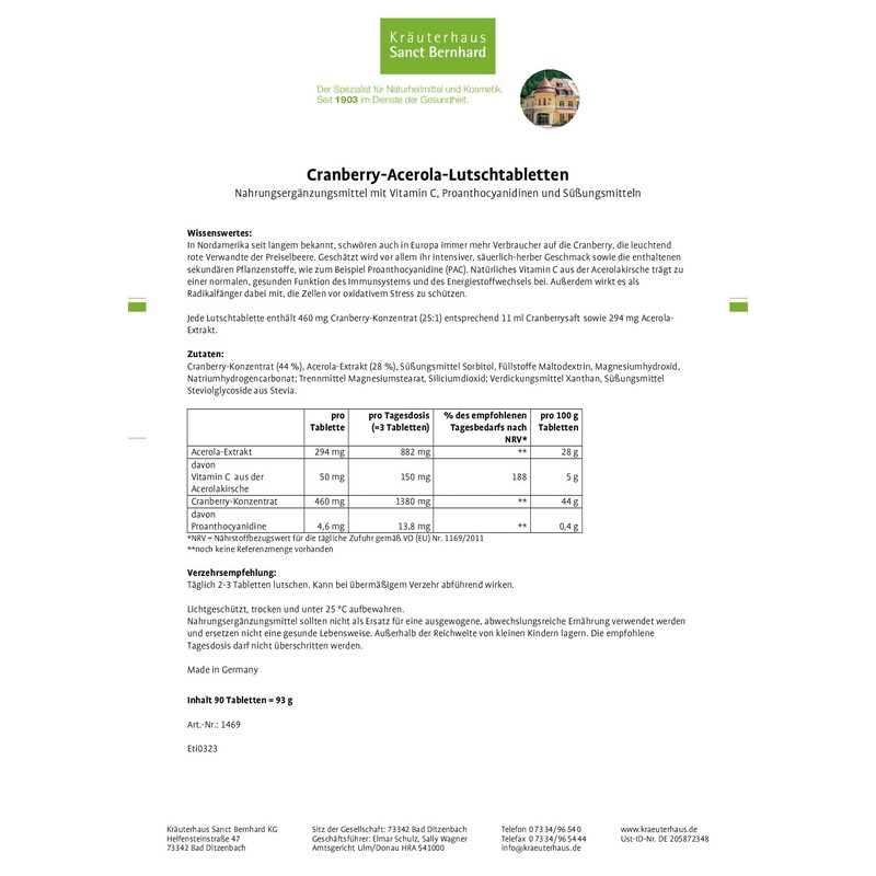 Sanct Bernhard Cranberry Acerola Lozenges with Vitamin C 90 Tablets