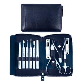 Manicure Kit, FAMILIFE Professional Manicure Set Nail Kit, 11 in 1 Stainless Steel Nail Clippers Set for Men Pedicure Tool, Men Grooming Tool with Portable Blue Leather Travel Case Luxury Gifts