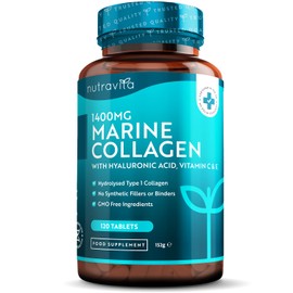 Marine Collagen Tablets 1400mg Enhanced with Hyaluronic Acid - Hydrolysed Collagen Supplements for Women and Men - 120 Tablets (2 Month Supply) - with Vitamin C, Vitamin E, Zinc and Vit B2 - Nutravita