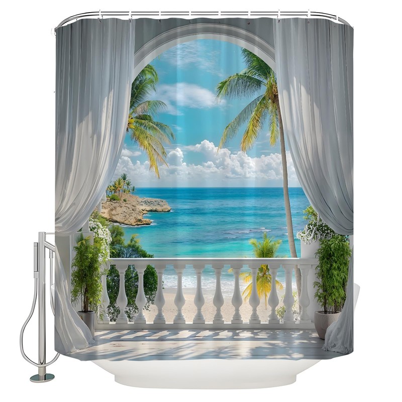 HUSPWP Ocean Beach Shower Curtain, Tropical Hawaiian 70x70IN
