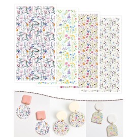 Puocaon Wildflower Clay Transfer Paper - 4 Design Flower Polymer Clay Transfer Sheets for Earrings Jewelry, Lavender Floral Transfer Paper for Polymer Clay Earrings