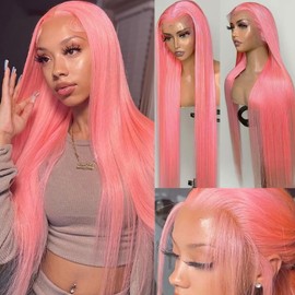 Pink Lace Front Wigs Human Hair 26 Inch Straight 13x4 HD Transparent Lace Frontal Pre Plucked with Baby Hair Wear and Go Glueless Wigs Human Hair for Black Women 180% Density Tiny Knots