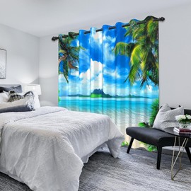 ZJRBJB Summer Beach Blackout Curtains Tropical Blue Sky Curtains Thermal Insulated Palm Trees Window Drapes Seaside Clouds Curtains for Bedroom Living Room Grommet Top 42x84 Inches 2 Panels