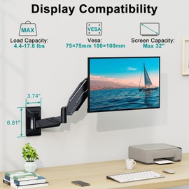 MOUNT PRO Monitor Wall Mount for 13 to 32 Inch Computer Screens, Single Monitor Arm with Tilt/Swivel/Rotation Adjustable, Gas Spring Wall Monitor Mount Holds up to 17.6lbs, Vesa Wall Mount 100x100