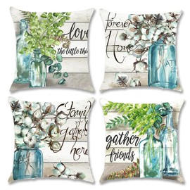 Eucalyptus Leaf Throw Pillow Covers 18x18 Greenery Pillow Covers 18x18 Couch Patio Pillow Covers for Seasonal Anniversary Wedding Bouquet Home Decor,4 Pack