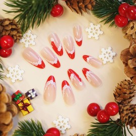Christmas Press on Nails Medium Almond Fake Nails Red French Tip False Nails with Design Cute Santa Hat Glue on Nail Full Cover Winter Xmas Acrylic Stick on Nail for Women Girls Manicure 24 Pcs