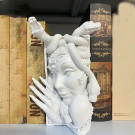 Medusa Head Book Nook Decorative Bookends, Unique Snake Women Face Book Ends Heavy Duty Book Stopper for Home Office Desk, Vintage Shelf Decor (White)
