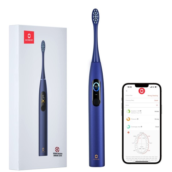 Oclean X Pro Electric Toothbrush 84,000 Movements/min Deep Cleaning with LCD Touch Screen, 2H Fast Charge Lasts 30 Days, 3 Modes 32 Intensities, Sonic Toothbrush Smart Timer- Blue