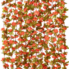 KHOYIME 5 Pack 40 FT Artificial Flower Garland, Fake Fall Orange Roses Vines Silk Flowers Faux Plastic Outdoor Autumn Hanging Floral Ivy Garland Decoration for Indoor Table Home Wall Room Decor