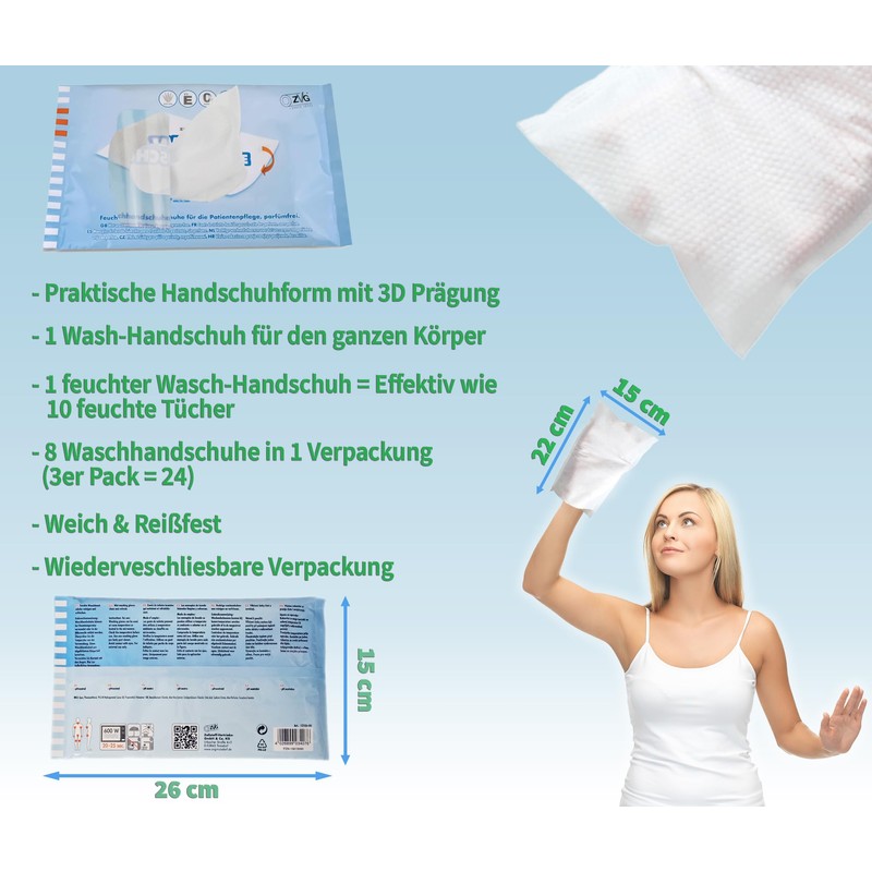 ZVG zetMedica Moist Wash Gloves, 24 Moist Washcloths, Disposable Wash