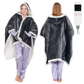 Wearable Heated Throw Blanket Cordless for Women Heated Poncho blankets with Sleeves Electric Heated Shawl Wrap,Flannel&Sherpa Electric Heated Hoodie Throw Blanket with 9 Temp for home,office 51"x63"