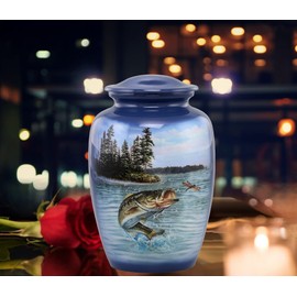 Immortal Memories Bass Fishing Urn - Bass Fish Cremation Urn for Ashes - Adult Fishing Urn - Handcrafted Adult Bass Fish Funeral Urn - Fishing Memorial Urn with Velvet Bag (Large), Blue (BU-L)