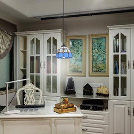 HuisMier Tiffany Style Plug in Pendant Light, Dimmable Small Hanging Lights with 11 Ft Plug in Cord, Vintage Stained Glass Swag Lamp for Dining Room Bedroom Living Room Porch, 7.9" Width