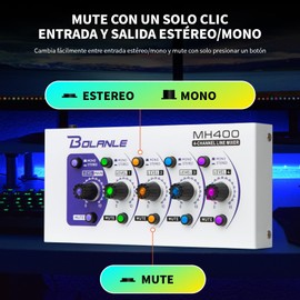 Mini Audio Mixer,Stereo Line Mixer for Sub-Mixing,Ultra Low-Noise,4-Channel,Microphone Independent Control, 1/4" & 1/8" TRS Output and Input, for Guitars,Bass,Keyboards (MH400)