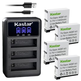Kastar 4 Pack Battery and LCD Triple USB Charger Compatible with Gopro AHDBT-401 Action Sport Camera, AHBBP-401 Sport Camera, HD HERO4 Black & Silver, HD Hero 4 Black & Silver Action Sport Camera