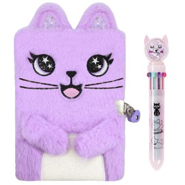 IKYWT Cat Diary with Lock and Pen for Girls, Fuzzy Journal Kit for Girl Age 6-8 8-12(Purple)