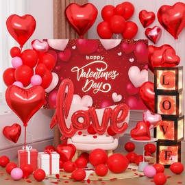 Valentines Day Decorations Kit - Light Up LOVE Clear Box Valentines Day Party Balloons Decoration Sets with Heart Balloons Love Balloons Rose Petals & Backdrop for Valentine's Day Proposal Anniversary