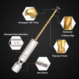 COMOWARE Titanium Twist Drill Bit Set - 10 Pcs 1/16" Hex Shank High Speed Steel for Wood Plastic Aluminum Alloy, Quick Change
