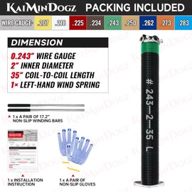 KaiMinDogz Left Hand Wind (Black Cone) 2" Garage Door Torsion Spring with Non-Slip Winding Bars & Gloves, Electrophoresis Black Coated, for Replacement, MIN 16,000 Cycles (0.243x2"x35")