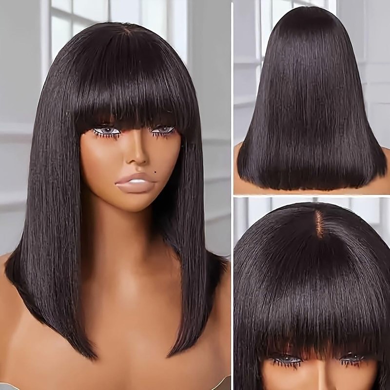 2x1 Lace Human Hair Wig Straight Short Bob Wig with