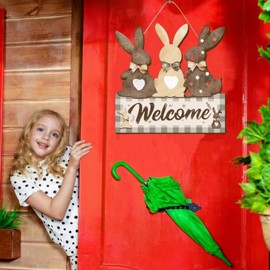 Lifesiddle Easter Front Door Decor Bunny Wreath Welcome Sign Wooden Door Hanger Spring Easter Plaque Rabbit Decorations for Home Porch Garden Outdoor(welcome-bunny)