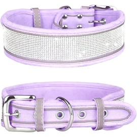 Pimaodog Rhinestone Dog Collar, Dazzling Sparkling Soft Suede Reflective Large Dog Collar Crystal Diamond Collar for Medium & Large Dogs (L:19-23", Purple)