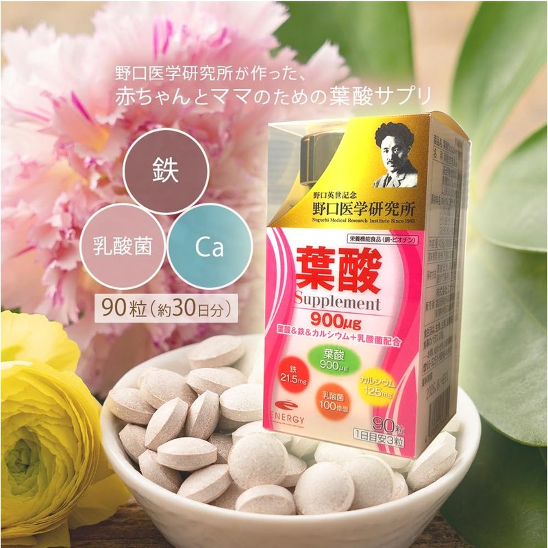 【管理栄養士・薬剤師監修の葉酸サプリ】 葉酸900μg配合＆鉄＆カルシウム＋乳酸菌 葉酸900 90粒×3（約90日分）野口医学研究所
