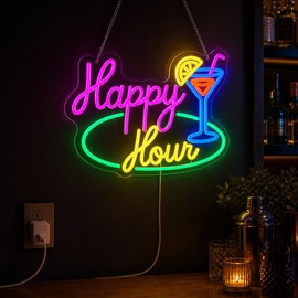 Chordwave LED Bar Sign – Happy Hour Neon Bar Sign with Dimmable Brightness – Bar LED Sign for Home Bar Decor – Cocktail Glass Shape – USB Powered Bar Neon Sign
