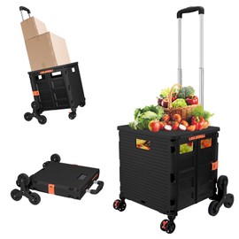 FELICON SELORSS Folding Utility Cart Portable Rolling Crate Handcart with Stair Climbing Wheels&360°Swivel Wheels Telescoping Handle Plastic Box Dolly for Travel Shop Move Office Teacher Use(Black)