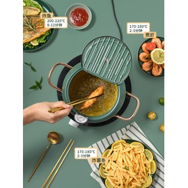 Cyrder Japanese Tempura Deep Fryer Pot with Fahrenheit Thermometer 3.5L- Nonstick Carbon Steel Oil Fryer, Fried Tempura/Chicken/Fish/Shrimp, Easy Clean, Green Big Tempura Pan, 10.2inch