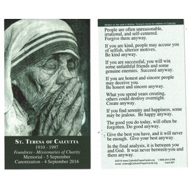 St. Teresa of Calcutta LAMINATED Holy Card (5-pack) with Two Free Prayer Cards Included
