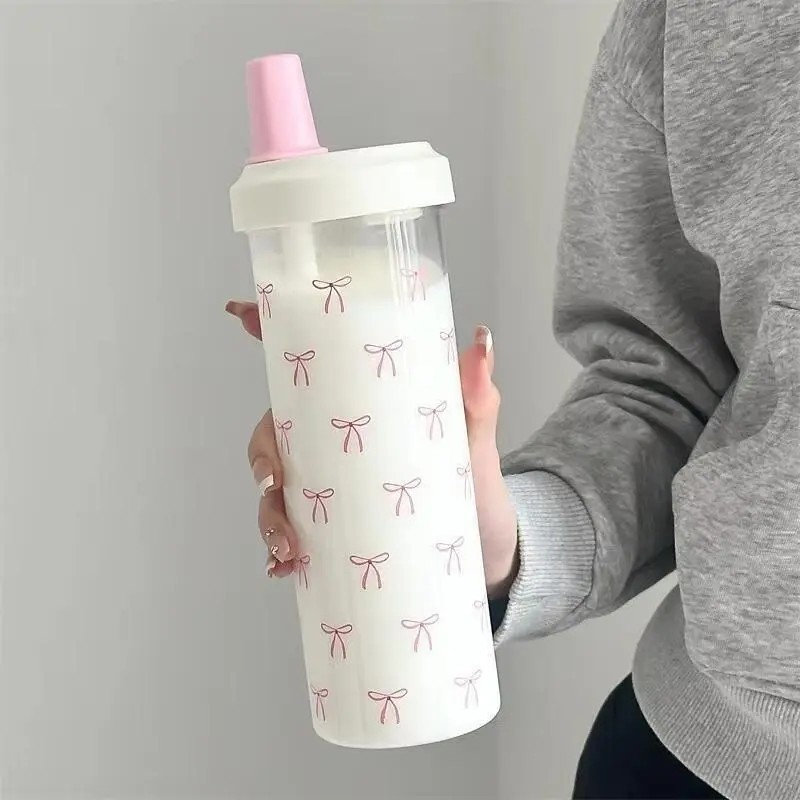 Cute Bow Pattern Straw Water Bottle, Clear Reusable Drinking Bottle