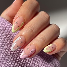 Almond Press on Nails Short French Fake Nails Cute Star Acrylic Nails Colorful Nails Tips Glossy Artificial Nails Cream Edge Designs Glue on Nails for Women Girls Manicure 24Pcs