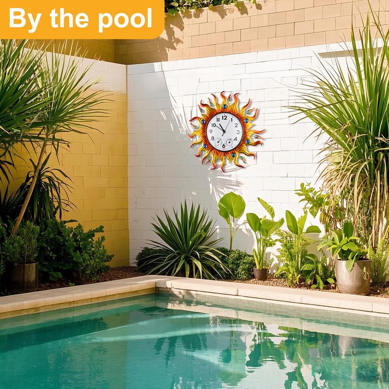 Outdoor Clock Thermometer Combo, Sun Outdoor Wall Clock, Silent Non-Ticking