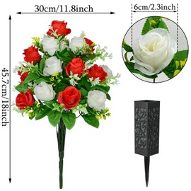 SIFOEL Pack of 2 Artificial Cemetery Flowers with Vase, Artificial Rose Grave Monument Flowers for Cemetery Gravestones Decoration (Red & White)