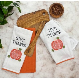 Serafina Home Fall Kitchen Dish Cloth Hand Towels: Give Thanks Thanksgiving Embroidered Pumpkin with Pom Pom Edging, 100% Cotton 15" x 25" for Hands, Drying or Hanging Decoration