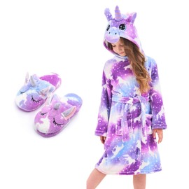 Piefry Unicorn Dressing Gown for Girls - Soft Hooded Robe Sleepwear With Slippers, Gifts (Violet, 4-5 Years)