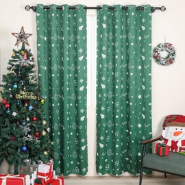 Green Christmas Curtains for Living Room White Snowflakes and Stars Printed Blackout Curtains for Bedroom Thermal Insulated Winter Holiday Window Drapes Grommet Top 2 Panels, 52 x 63 Inch