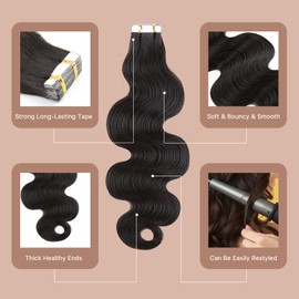 Bella Hair Premium Tape In Hair Extensions - Full Cuticle Aligned Remy Human Hair Body Wave, 20pcs 14 inch 50g Natural Black Hair Piece, Damage-Free Instant Natural Look Volume
