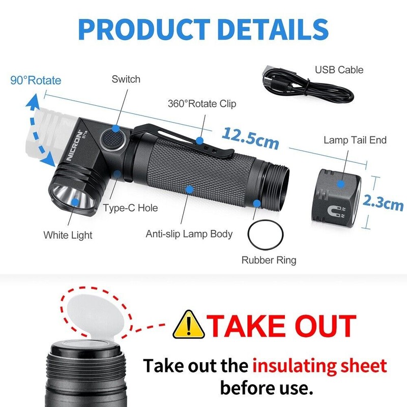 NICRON 1300 Lumens 6 Modes LED 90 Degree Rechargeable Magnetic