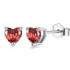 Silver Stud Earrings for Women Girls, Sterling Silver Red Cubic Zirconia Small Stud Earrings Hypoallergenic Faux Heart Diamond Studs Sleeper Earrings for Her Birthday Christmas Gifts, 6mm