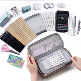 Horizontal Writing Pencil Bag - Large Pencil Case, Pencil Pouch with Zipper Compartment, Aesthetic Pencil Case for Adult, Office Stationery Pouch Pen Case, Khaki, Modern