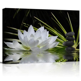 Canvas Wall Art - White Lotus and Black Zen Stones Picture - Modern Wall Decor Gallery Canvas Wraps Giclee Print Stretched and Framed Ready to Hang - 16" x 24"