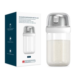 KITCHENDAO Glass Sugar Dispenser with Side Pour Spout, Built-in Lid to Slow Down Dampness with Mearsuring Marks, Elegant Borosilicate Glass Sugar Shaker, BPA Free, 9oz (White)