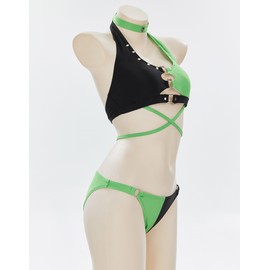 MEOWCOS Black and Green Buckle Decoration Two-Piece Swimsuit