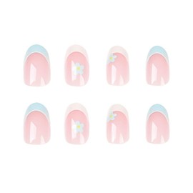 RikView French Tip Press on Nails Medium Fake Nails White Stick on Nails with Flowers Design Almond Blue Nails for Women