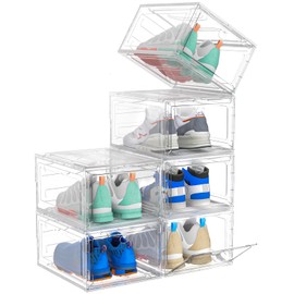 ARSTPEOE Upgrade Harder Solid Plastic Shoe Organizer, Shoe Storage with Magnetic Front Door, Shoe Rack 6 Pack Shoe Boxes Clear, Sneaker Storage, Shoe Organizer for Closet, Shoe Display Case, White