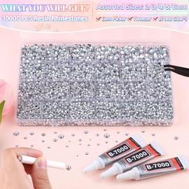 30000Pcs Resin Silver Clear Rhinestones for Bedazzling Crafting with b7000 Jewelry Glue, Bulk Flatback Gems Bedazzler Kit for Crafts Clothes Shoes Fabric Nail Diamond Art, Assorted Size 2/3/4/5/6mm