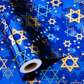 MAYPLUSS Hanukkah Wrapping Paper Roll - 17In * 32.8 Ft - Navy Blue Star of David Gift Wrap Present Paper with Metallic Foil Design for Chanukah Jewish Festival, Christmas, Party, Holiday & DIY Craft